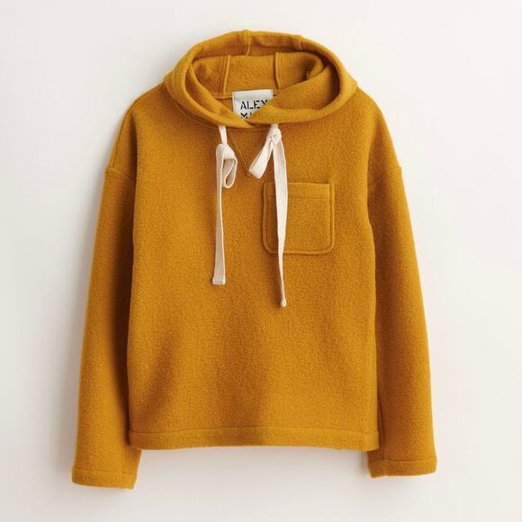 Alex Mill Boiled Wool 100% Merino Hoodie Sweater Mustard Yellow Cozy Classic EUC - Picture 2 of 14